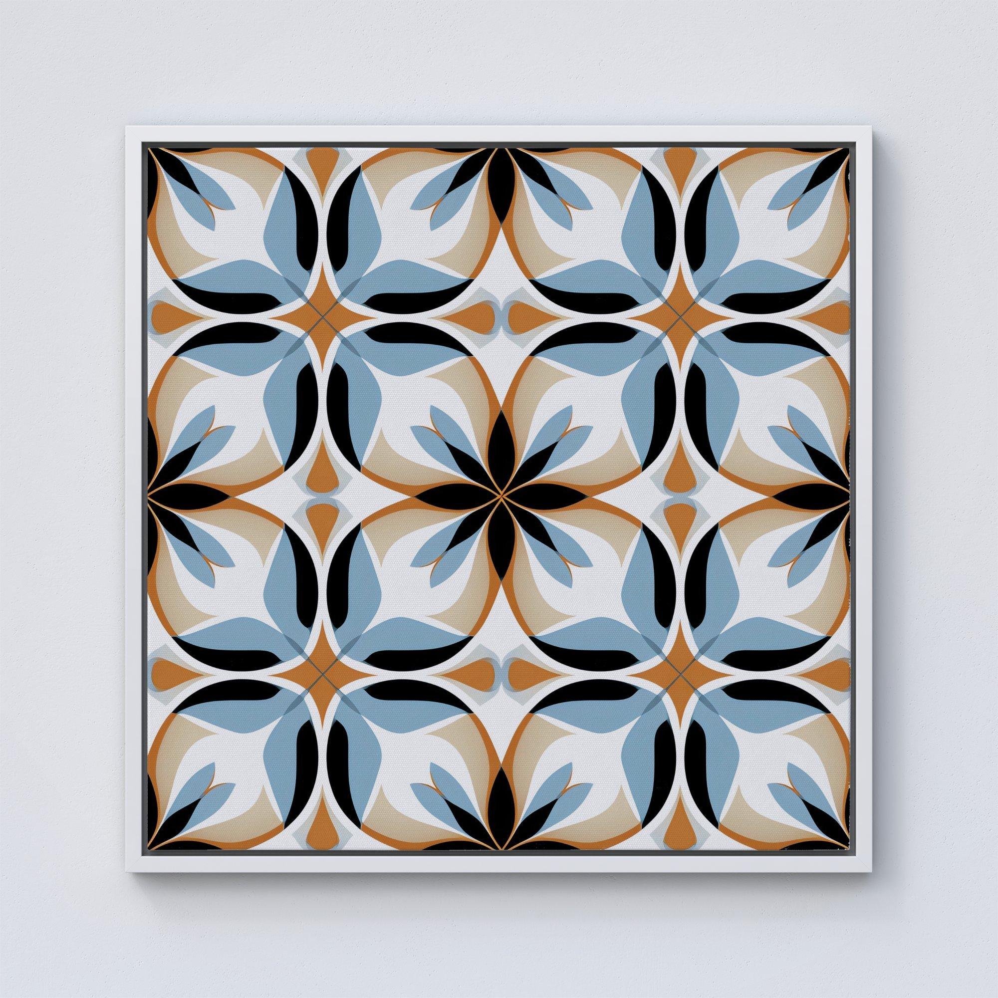 White Brown and Blue Geometric Pattern Framed Canvas